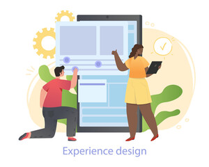 Poster - experience design concept. man and woman adapt applications to needs of users. programmers develop d