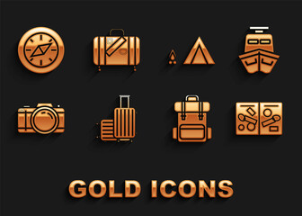 Sticker - Set Suitcase for travel, Ship, Passport pages with visa stamps, Hiking backpack, Photo camera, Tourist tent wood fire, Compass and and stickers icon. Vector