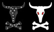Glossy mesh vector dead bull bones with glow effect. White mesh, glare spots on a black background with dead bull bones icon. Mesh and glare elements are placed on different layers.