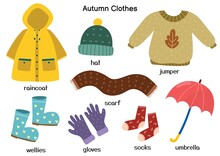 Autumn Clothes Set With Raincoat, Jumper, Hat, Wellies. Fall Season Outfit Collection In Cartoon Stye. Vector Illustration