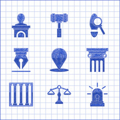 Poster - Set Map marker with a silhouette of a person, Flasher siren, Law pillar, Prison window, Fountain pen nib, Magnifying glass footsteps and Stage stand or debate podium rostrum icon. Vector