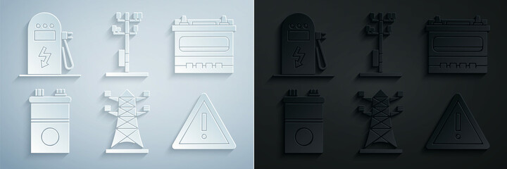 Poster - Set High voltage power pole line, Car battery, Exclamation mark triangle, and Electric car charging station icon. Vector