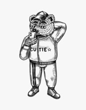 A Bear In A Tracksuit Takes A Selfie. Athlete Style. Fashion Sport Character. Victorian Gentleman. Vintage Retro Look. Hand Drawn Sketch. Vector Engraved Illustration For Logo And Tattoo Or T-shirts.