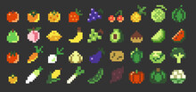 Pixel Art Vector Game Fruits And Vegetables Icon Set (color)
