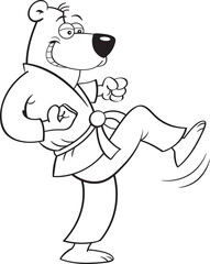 Wall Mural - Black and white illustration of a bear in a Karate uniform kicking.