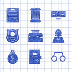 Sticker - Set Inkwell, Lawsuit paper, Handcuffs, Judge, Money bag, Police badge, Stacks money cash and The arrest warrant icon. Vector