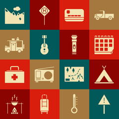 Poster - Set Exclamation mark in triangle, Tourist tent, Calendar, Credit card, Guitar, Rv Camping trailer, Mountains and Flashlight icon. Vector