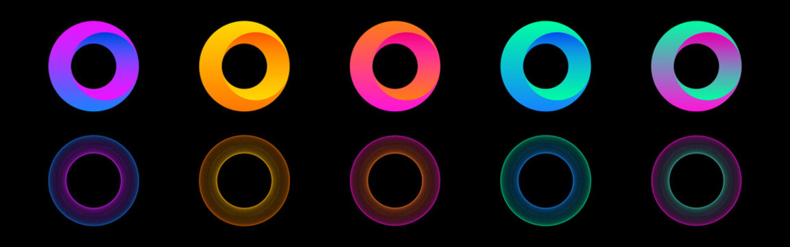 Fototapete - Gradient circles collection. Round 3d shapes. Color futuristic rings set. Bright neon elements. Abstract modern design. Vector illustration