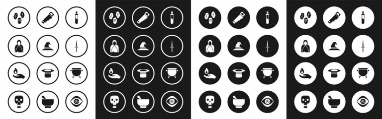 Set Bottle with love potion, Witch hat, Mantle, cloak, cape, Magic runes, Dagger, Hand saw, cauldron and holding fire icon. Vector