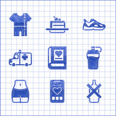 Poster - Set Medical book, Mobile with heart rate, No alcohol, Fitness shaker, Women waist, Ambulance and emergency car, Sport sneakers and track suit icon. Vector