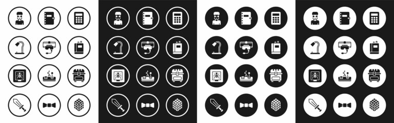 Sticker - Set Calculator, Virtual reality glasses, Table lamp, Nerd geek, Book, Spiral notebook, Antique treasure chest and Insects in frame icon. Vector