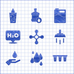 Sticker - Set Water tap, drop, filter, Shower, Washing hands with soap, Chemical formula for H2O, Big bottle clean water and Glass icon. Vector