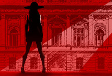 3d Render Noir Illustration Of Lady In Black Dress And Hat Standing On Red And Black Styled City Street Background.