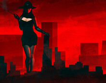 3d Render Noir Illustration Of Lady In Black Dress And Hat Standing On Red And Black Styled Cityscape And Skyscrapers Backdrop.