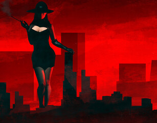 3d render noir illustration of lady in black dress and hat standing on red and black styled cityscape and skyscrapers backdrop.