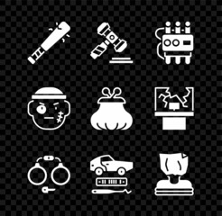 Sticker - Set Baseball bat with nails, Judge gavel, Dynamite and timer clock, Handcuffs, Car theft, Kidnaping, Bandit and Wallet icon. Vector