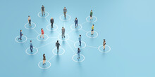 ネットワークで繋がるビジネスパーソン / チームマネジメント・多様なコミュニティ・ネットワークとリモートワークのコンセプトイメージ / 3Dレンダリンググラフィックス