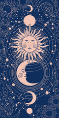 Sticker - Mystical vertical banner with sun, moon and crescent, tarot card background, astrology magic illustration. Golden sun with closed eyes on a blue space background with stars. Vector engraving.