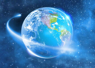 Wall Mural - 3d rendering of Comet moving passing planet earth High definition Universe field  with stars, galaxy North America and Latin America