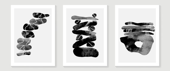 Black and white abstract arts wall art vector set. Stones art with watercolor brush stroke, ink painted in minimal style. Home decoration wallpaper.