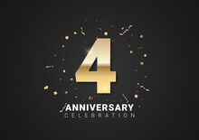 4 Anniversary Background With Golden Numbers, Confetti, Stars On Bright Black Holiday Background. Vector Illustration