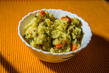 Vegetarian breakfast Upma prepared with sooji and prepared with adding healthy vegetables