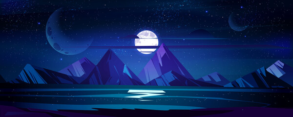 Night ocean landscape, full moon and stars shine in sky above water surface reflecting starlight. Dark heaven with moonlight romantic fantasy midnight twilight background Cartoon vector panoramic view