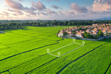 Land plot in aerial view. Gps registration survey of property, real estate for map with location, area. Concept for residential construction, development. Also home or house for sale, buy, investment.