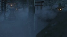 Old Japanese Shrine With Torii Gate And Stone Lantern At Night