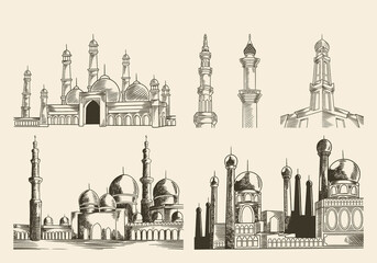 Sticker - Mosque hand drawn set vintage style. Hand drawing mosque sketch drawing