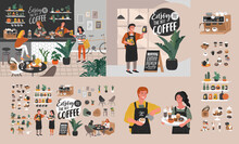 Coffee Shop Hand Drawn Collection . Cartoon Constructor Set. Small Business, Houseplant And Interior Decoration, Logo Lettering And Quote, Barista Character