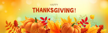 Happy Thanksgiving Background With Autumn Leaves, Yellow And White Pumpkins. 3d Realistic Vector Illustration.
