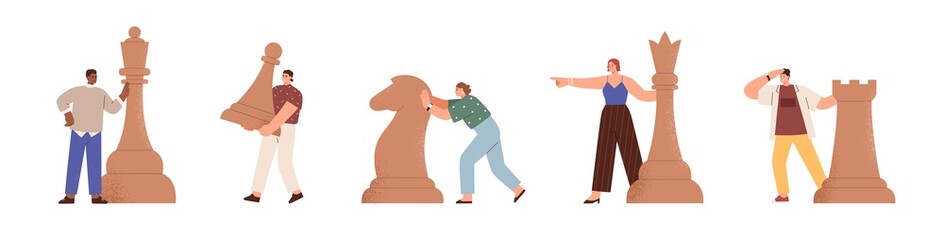 Aufkleber - Set of tiny people with chess pieces. Business strategy and logics concept. Smart men and women moving pawn, rook, horse and queen, playing game. Flat vector illustration isolated on white background