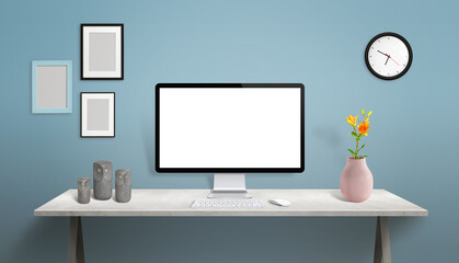 Leinwandbilder - Office work desk with computer display mockup. Clean, flat decorated scene with vase, flower, owl figures, clock and picture frames on blue wall