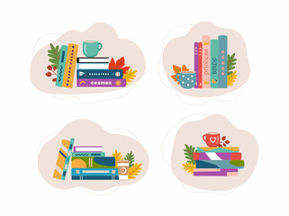 Sticker - Stack of book with cup of tea or coffe and autumn leaves. Reading concept. Autumn reading. I love reading concept for bookstore, library. Vector illustration.