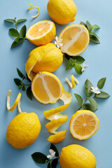 Wall Mural - Ripe Yellow Lemons Close-up Background Or Texture. Lemon Harvest, Many Yellow Lemons. Lemons Whole and sliced placed against a blue.