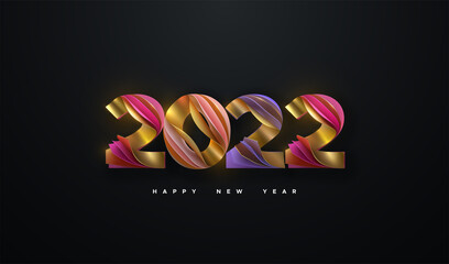 Wall Mural - Happy New 2022 Year. Vector holiday illustration. Colorful layered numbers 2022 isolated on black background. Festive event banner. Decoration element for poster or cover design