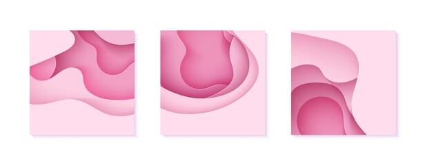 Wall Mural - Set of paper cut flyers with waves and hole. Collection of pink 3d abstract banners with smooth wavy layers. Women's Breast Cancer Concept poster template in rose color. Female vector illustration