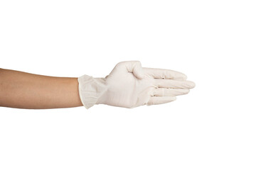 Wall Mural - Close up of open hand wearing white rubber gloves isolated with white background. Clasp thumb