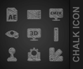 Poster - Set Speech bubble with text 3D, Laptop and gear, Color palette guide, Ruler, Stamp, Red eye effect, CMYK and AE file document icon. Vector