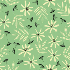 Wall Mural - Vector seamless pattern of wildflowers, daisies, clematis and leaves. Hand-drawn. Botanical green pattern. Design for posters, postcards, textiles, fabrics, prints, decor, paper, packaging.