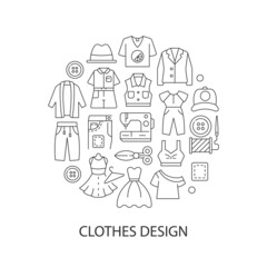 Clothes design abstract linear concept layout with headline. Making new garments. Needlecraft minimalistic idea. Thin line graphic drawings. Isolated vector contour icons for background