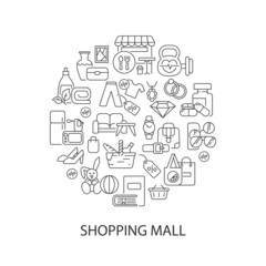 Fototapete - Shopping goods abstract linear concept layout with headline. Clothing and household items. Store products minimalistic idea. Thin line graphic drawings. Isolated vector contour icons for background