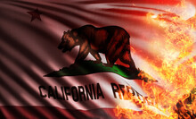 3D Illustration Of The Flag Of California Republic Or Bear Flag Republic With A Grizzly Bear Threatened By Global Warming In The Forests Ravaged And Burnt By The Hot Flames Of The Dixie Wildfires.