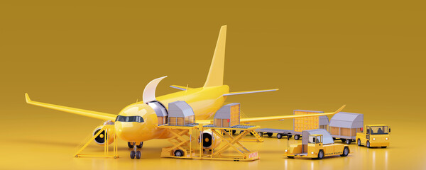 Loading unit load devices on cargo airplane. Aircraft containers, loading platform, airport cargo transporters. Air freight transportation. 3d illustration