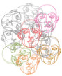 Linearne twarze wykonane jedną ciągłą linią w kolorach : szarym, różowym, zielonym, pomarańczowym, ugrowym, czerwonym na białym tle. Nadruk na tkaninę , t-shirt, , tapetę. Jasny, świeży
