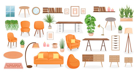 Set of furniture for the bedroom, hallway, living room, office. Collection of items for the interior of an apartment, office, home. Vector illustration in flat cartoon style. Housing elements.