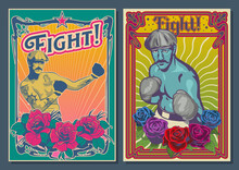Retro Boxers And Roses, Art Nouveau Style Frames, Psychedelic Color Posters 