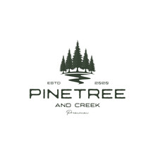 Vintage Retro Hipster Pine Tree And River Or Creek Evergreen Timberland Logo Design Vector