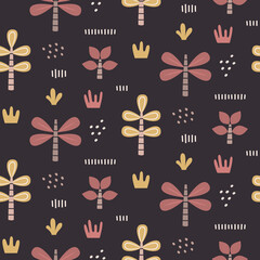 Wall Mural - Floral cute vector seamless pattern with plants, trees, bushes, stones, leaves in trendy boho style